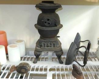 Antique Miniature Cast Iron Spark Potbelly Stove, Sad Irons