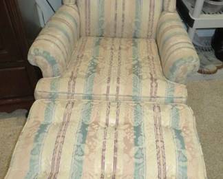 Pair of Cream, Pink & Blue Upholstered Armchairs & Ottoman