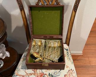 Supreme Vermai electroplate—8 place settings, upholstered Maitland Smith dining chair