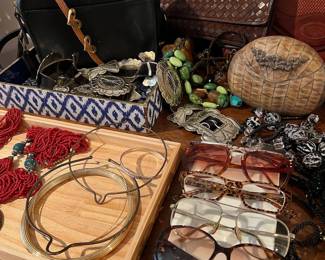 Coach crossbody purse, vintage Bottega Veneta clutch, Jeep Collins brass/leather heart belt, silver concho belt