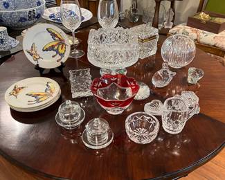 Fitz & Floyd "Cloisonne Butterfly" plates, Waterford "Alana Essence" water goblets, Heritage Crystal compote