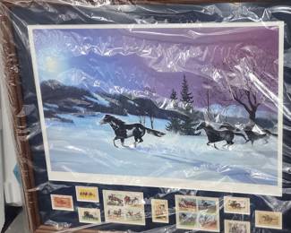 Horse print and stamps framed