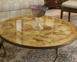 Brass Onyx Coffee Table by Muller, Iridescent Pedestal Bowl
