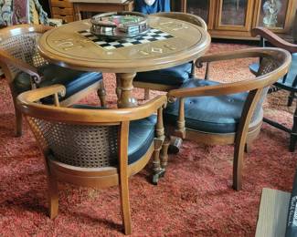 Wood Game Table with Cards and Rounded Back Chairs with Wicker (Unique Table Top)