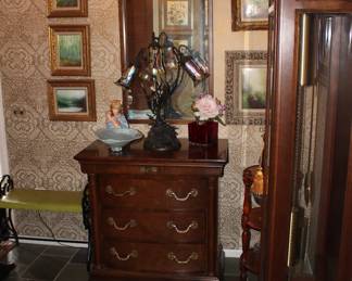 Overview of Bench, Henredon Chest, Lamp, Copper Art
