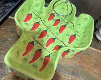 DESTINATION HOME VINTAGE Large Ceramic Cactus Chip & Dip Set W/ RED HOT DIP DISH