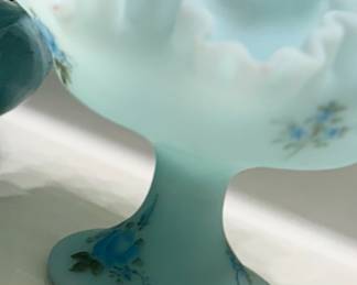 FENTON GLASS BOWL vintage 1960s to 1970s glassware vtg mcm original collectible Depression milk blue ridge crest signed flower 