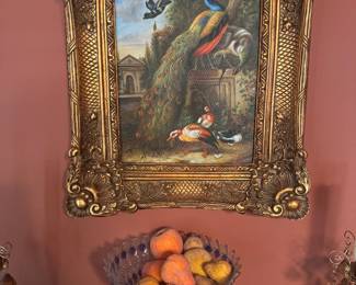 Oil Painting of a Peacock and Cockatoo