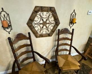 Vintage French  Carved Style Ladder Back Country Rush Seat Chairs 