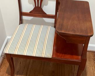 Early 1900s Gossip Bench - Mahogany Stain & striped Neutral Fabric