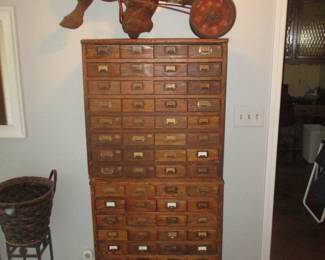 Antique oak multi drawer cabinet, 2 pieces