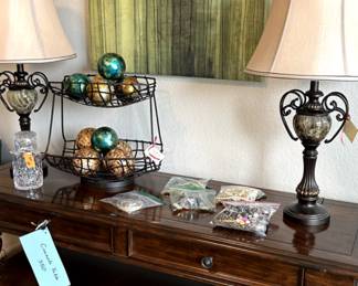 Console Table, lamps, wall art and decor