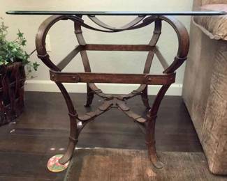 2 French Iron Strap Glass Side Tables