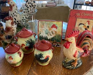 Rooster, three piece canister set, decorative rooster plate, rooster, picture, and rooster statue