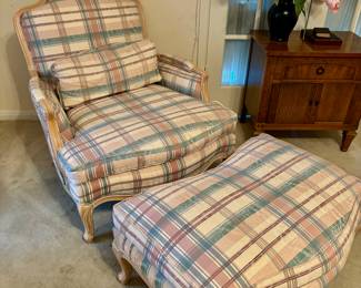 Plaid chair with ottoman