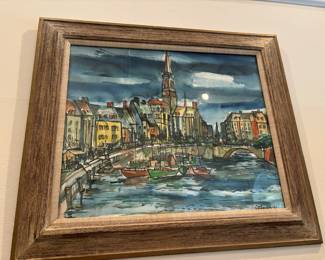 Harbor scene signed oil