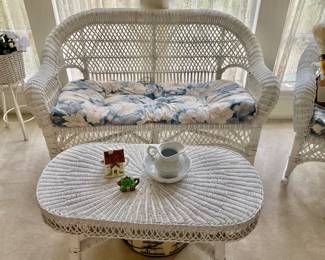 4 Piece White Wicker  (Sofa, Coffee Table, Rocker, Chair)