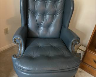 Queen Anne Style Steel Blue Leather Wing Chair