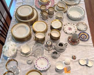Dishes, glassware, creamers, salt & pepper shakers, sugar pots, tea pot, porcelain cups and saucers. 
