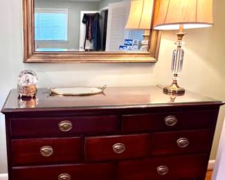 Mahogany dresser, lamp and mirror