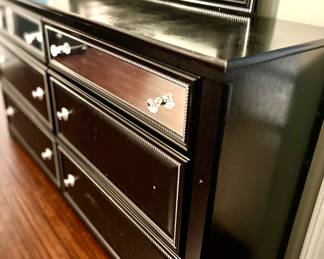 Chest of drawers with mirror, black with mirrored top drawer, bottom 2 black leather accented drawers