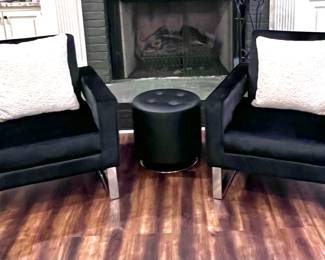  Velvet upholstered ‘Club’ chairs, cushions & round leather side table/ottoman