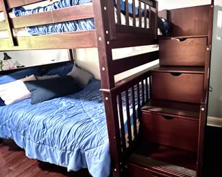 Bunk bed with drawers inside steps, 2 full sized bunk beds with twin trundle bed below in drawer under bottom bunk