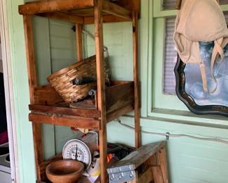 Baskets, shelves, ladder