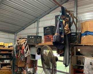 Milk crates, tools, fan
