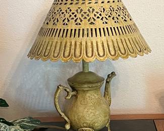 Metal Teapot Lamp with Punched Metal Shade with Serpent Spout