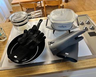 Pots and pans, Oven mitts, CorningWare casserole dish