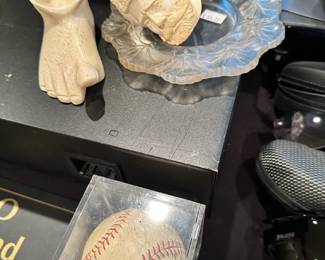 Lalique dish, signed baseball, Smoke pipe Arabic carved pirate head, Foot pipe holder
