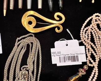 Vtg Pearl Filigree Drop Necklace, 14k slide rope necklace