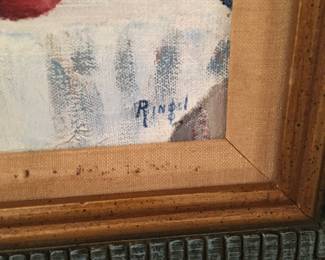 Original small framed canvas painting, still life, signed by artist as "Rindel"