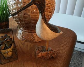 Carved & painted seabird set onto a burled wood base, signed by artist "Bob Booth 1992, Chincoteague Island, VA"