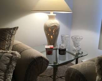 Lamps (pair) with iris flower relief, they light above & below