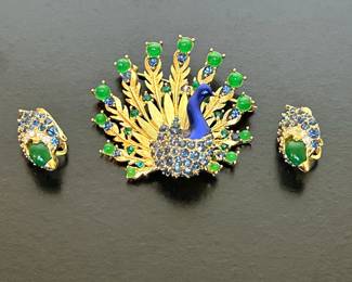 Vintage Marcel Boucher Peacock Brooch with matching clip on earrings.......To register so you can place bids go to www.capitolsalesservices.hibid.com