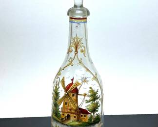 Antique European low country hand blown bottle with hand painted enamel decoration 