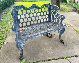 Vintage cast aluminum park bench in the Victorian Gothic Style.    The original cast iron design was patented in 1846 by the Carron Foundry of Scotland.  It was patented in the U.S. in 1848.  This bench is often referred to  "Rose Garden" pattern because it has been used on the White House grounds since 1854.  This is not the antique cast iron version but a mid century cast aluminum version.