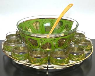 Mid Century punch bowl and roly poly tumblers by Culver Glass 
