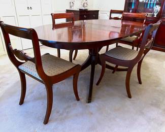 Late 1940s dining table and chairs by Drexel furniture from their New Travis Court line. 