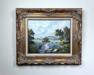 Vintage Texas Hillcountry Blue Bonnet painting by Irene Klein.  Oil on canvas 16 x 20.......To register so you can place bids go to www.capitolsalesservices.hibid.com