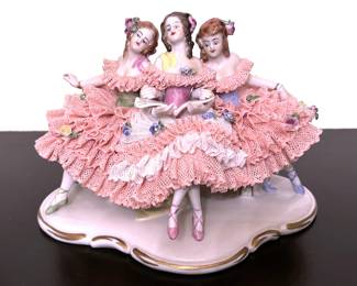 German Volkstedt Porcelain Dresden Lace of three Ballerina dancers sitting 