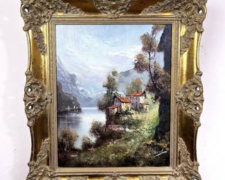 A second landscape oil on canvas painting, signed to what appears to read as 'Villani'... possibly Gennara Villani (1885-1948),  or in the style of... The canvas is stapled to the stretcher 