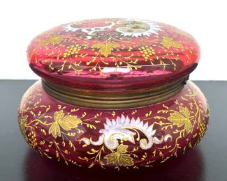Antique  covered cranberry glass vanity box by Moser