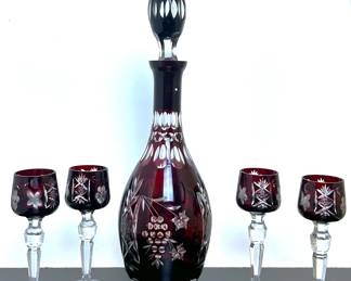 Cut to clear wine decanter and wine goblets that were made in Poland 