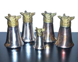 Vintage silver wolf head stirrup cups and matching jigger