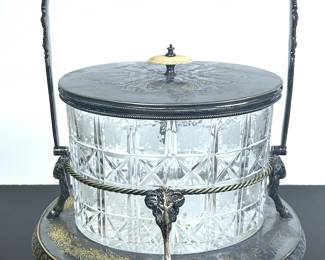 Victorian English cut crystal biscuit barrel on silver plate stand 