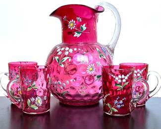 Antique cranberry glass lemonade set with hand painted enamel decoration
