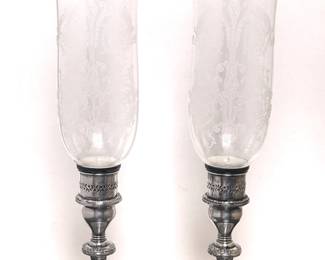  Gorham Strasbourg Sterling silver candle holders with etched glass hurricane shades 